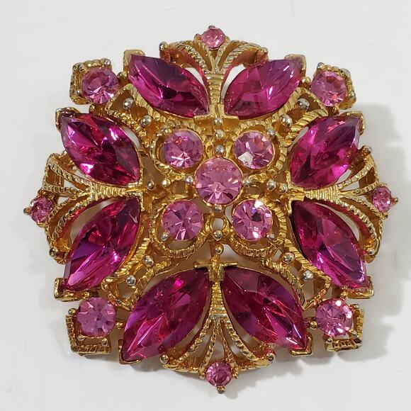 Vintage M Jent Pink Rhinestone Gold Tone Brooch Pin - Picture 1 of 5